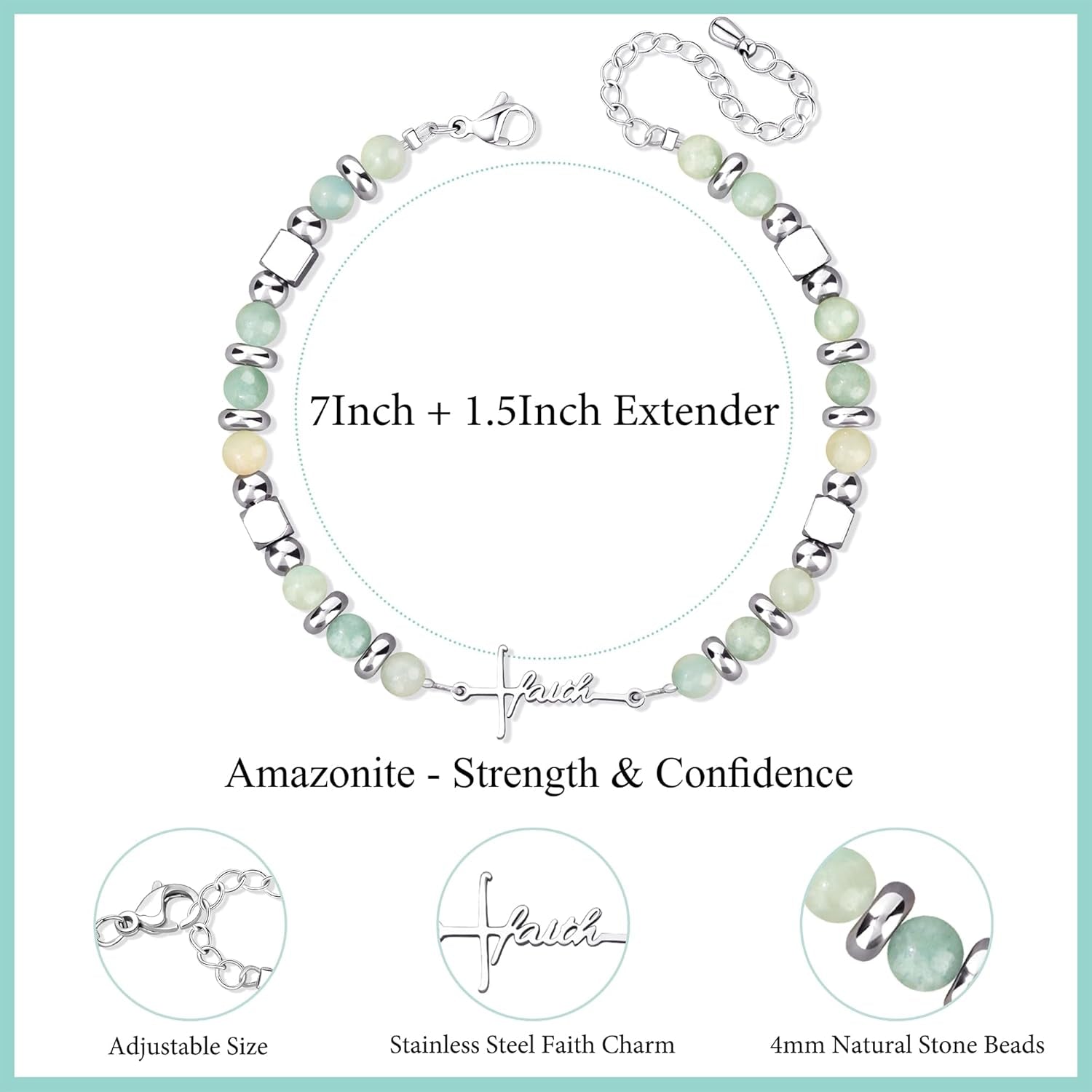 Cross Faith Bracelet for Women, Amazonite Beaded Stretch Bracelet, Christian Gift for Her
