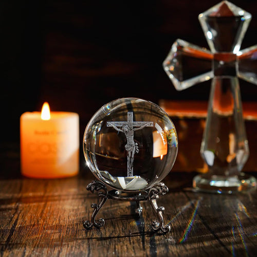 2.3In Jesus Crystal Ball with Stand 3D Cross Gift for Christian Catholic | K9 Crystal Laser Engraving Includes Metal Display Stand Gift Box Ready Ideal for Prayer Room Church Home Display