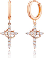 Gold Crown Cross Earrings for Women, CZ Cross Huggie Hoops, Christian Faith Gift