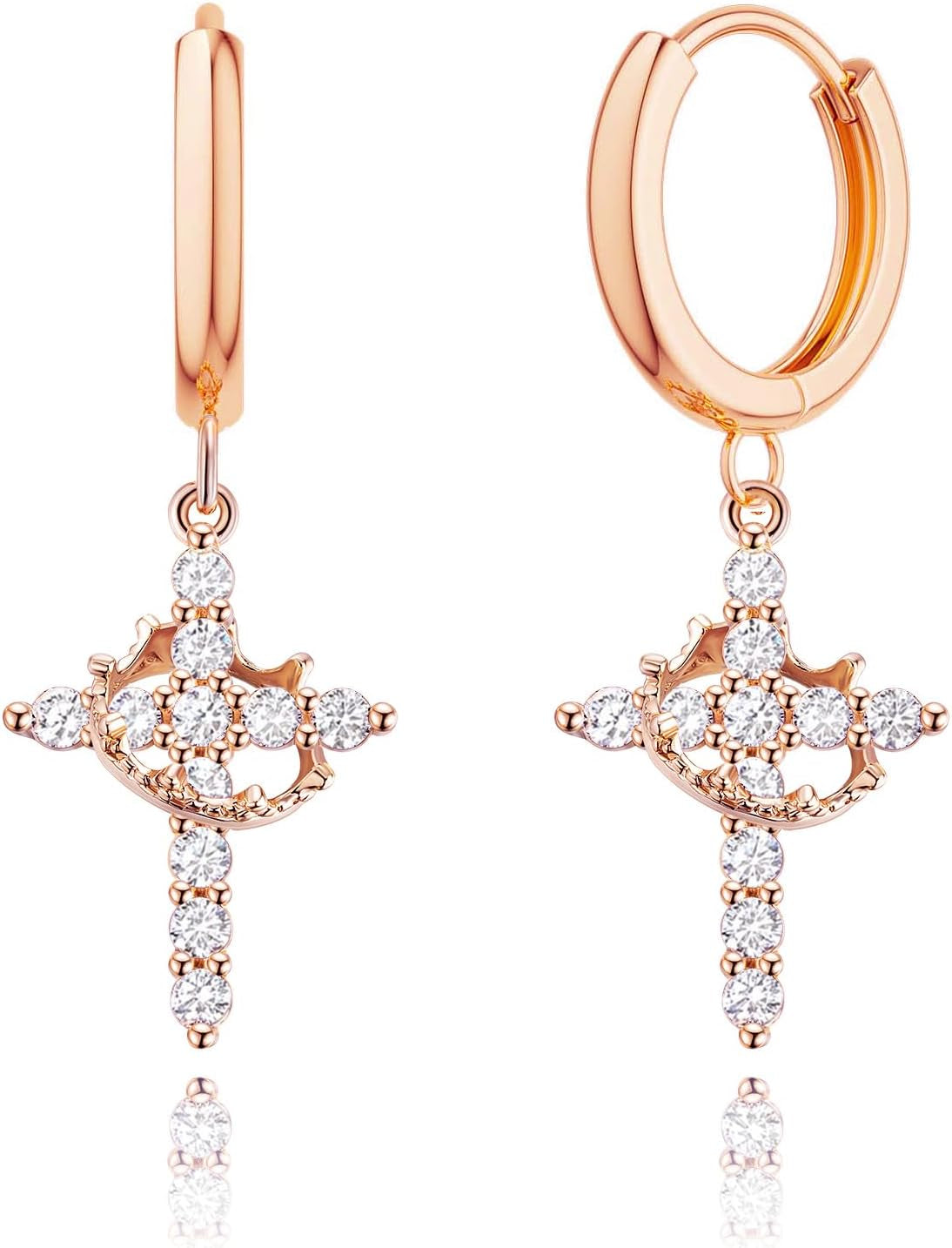 Gold Crown Cross Earrings for Women, CZ Cross Huggie Hoops, Christian Faith Gift