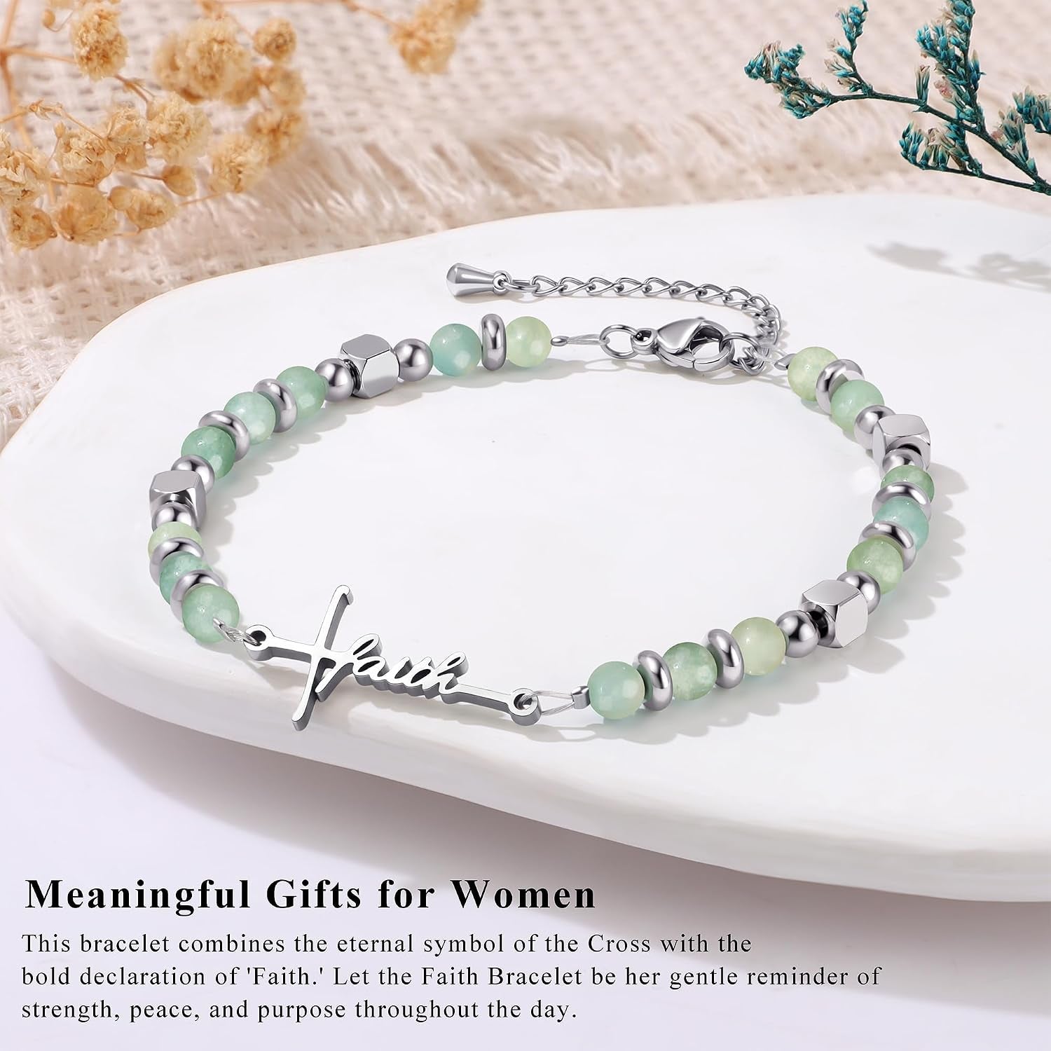 Cross Faith Bracelet for Women, Amazonite Beaded Stretch Bracelet, Christian Gift for Her