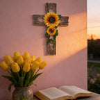 Wooden Sunflower Cross Wall Decor, Rustic Farmhouse Christian