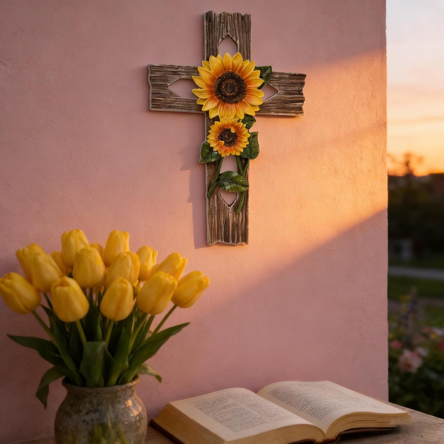 Wooden Sunflower Cross Wall Decor, Rustic Farmhouse Christian