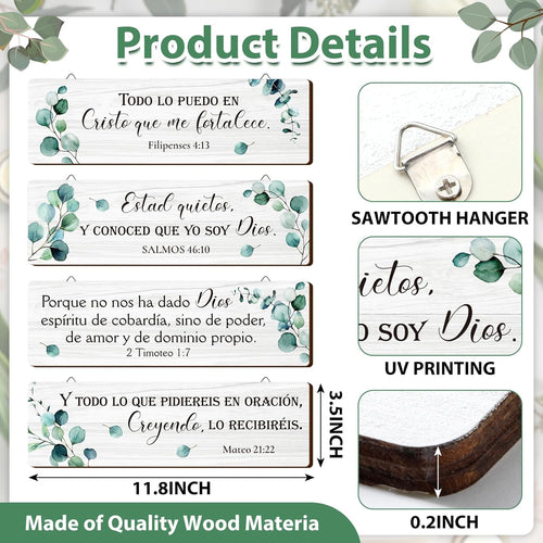 4 Pieces Spanish Bible Verse Wall Decor Set, Christian Wood Plaque Signs(Fresh Style)