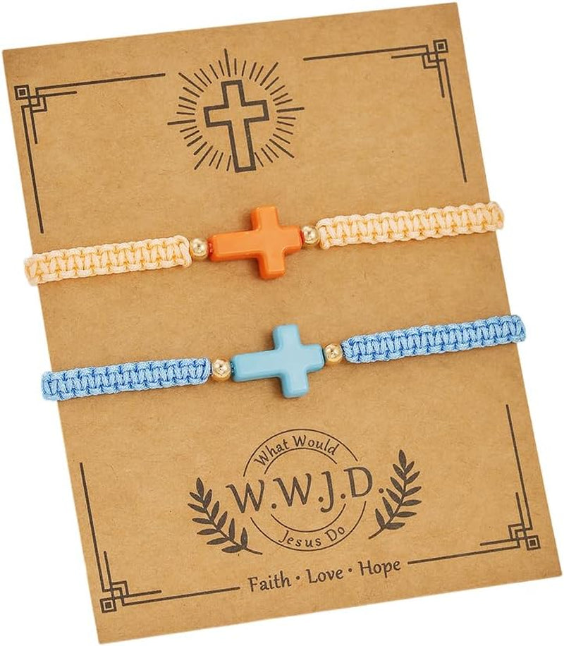 WWJD Cross Bracelet Set for Couples, 2 Pc Braided Rope Faith Bracelets, Matching Christian Gift