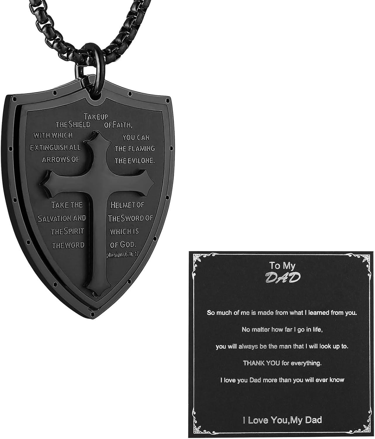 Armor of God Cross Necklace for Men, Stainless Steel Ephesians 6:16-17 Pendant, Christian Gift