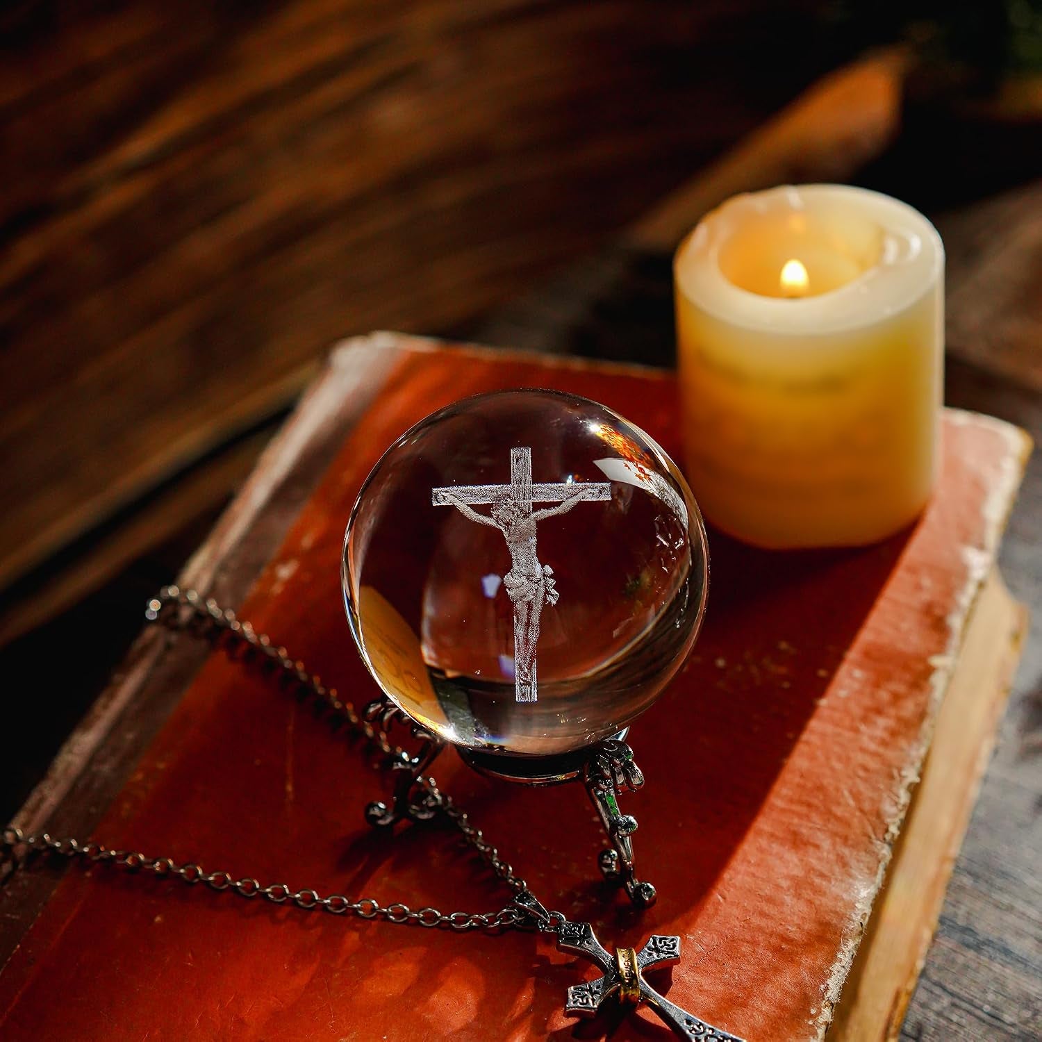 2.3In Jesus Crystal Ball with Stand 3D Cross Gift for Christian Catholic | K9 Crystal Laser Engraving Includes Metal Display Stand Gift Box Ready Ideal for Prayer Room Church Home Display