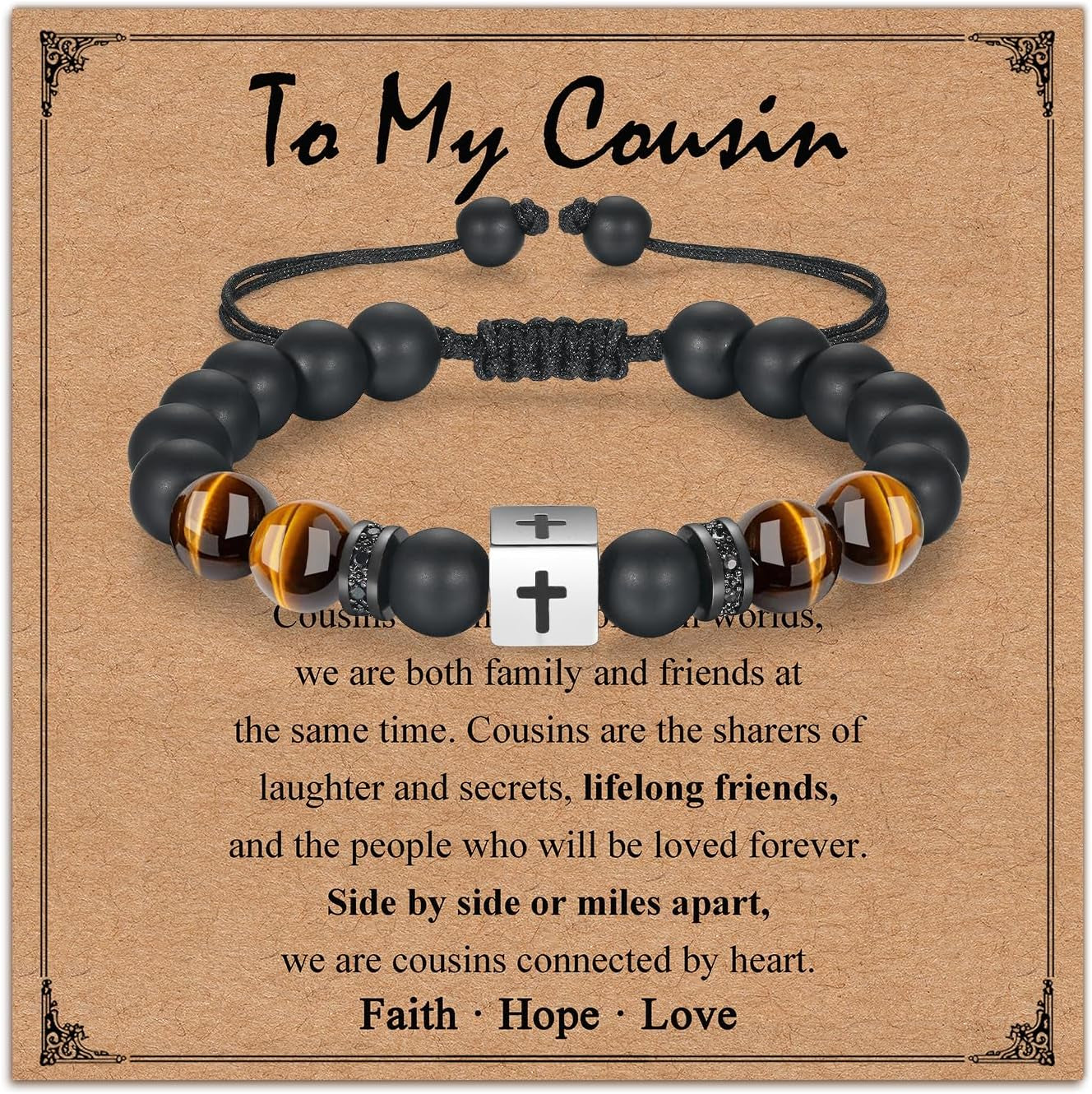 Adjustable Cross Bracelet for Boys, Tiger Eye Beaded Faith Bracelet, Christian Gift