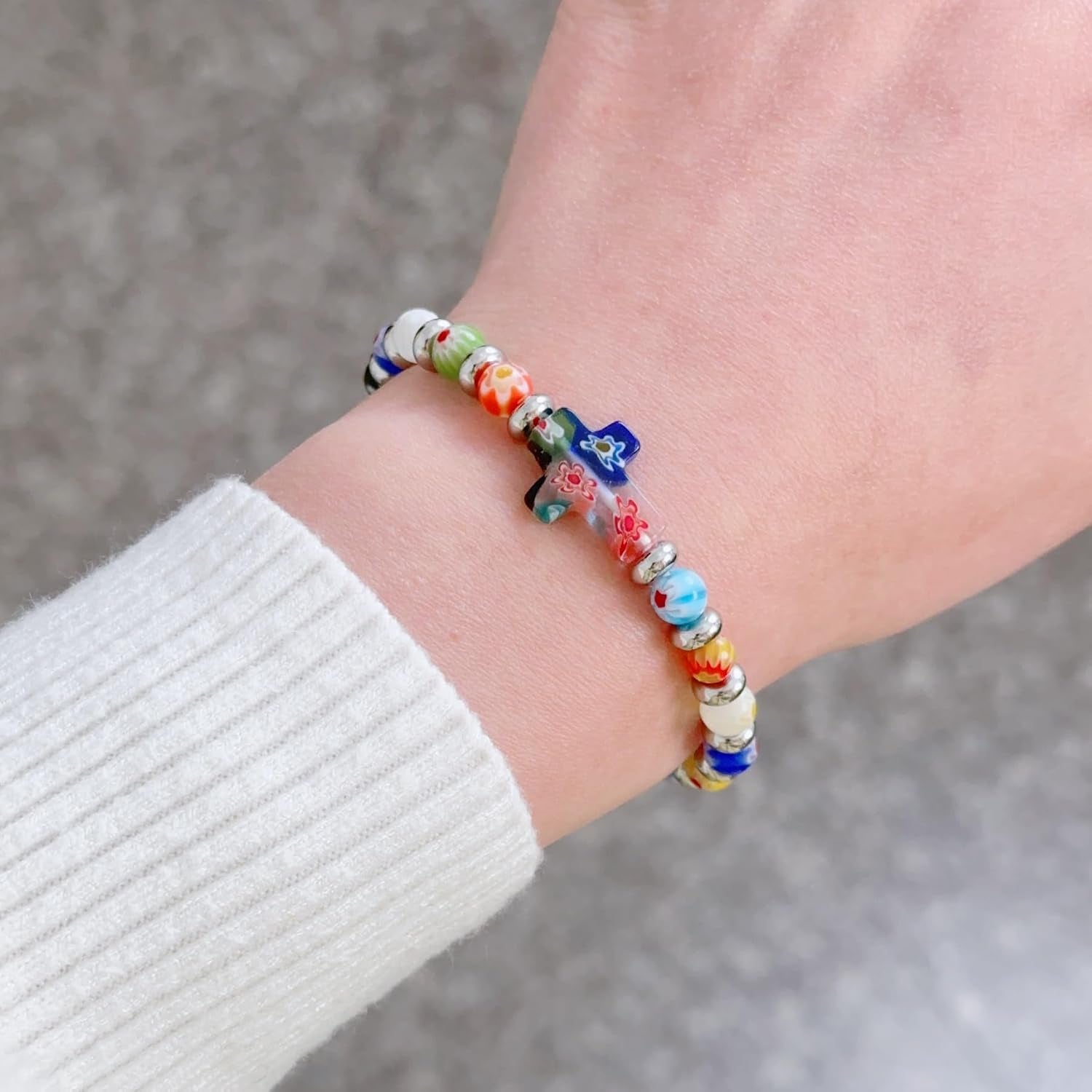 Millefiori Glass Cross Bracelet, Rainbow Beaded Rosary Bracelet, Christian Faith Gift