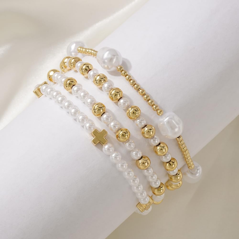Gold Cross Pearl Bracelet Stack for Women, Stackable Faith Bracelet Set