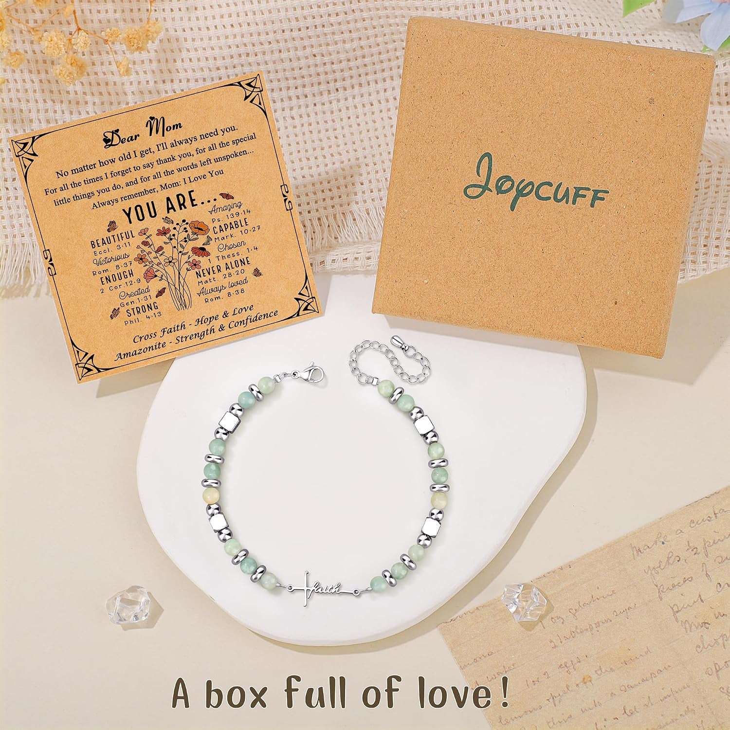Cross Faith Bracelet for Women, Amazonite Beaded Stretch Bracelet, Christian Gift for Her