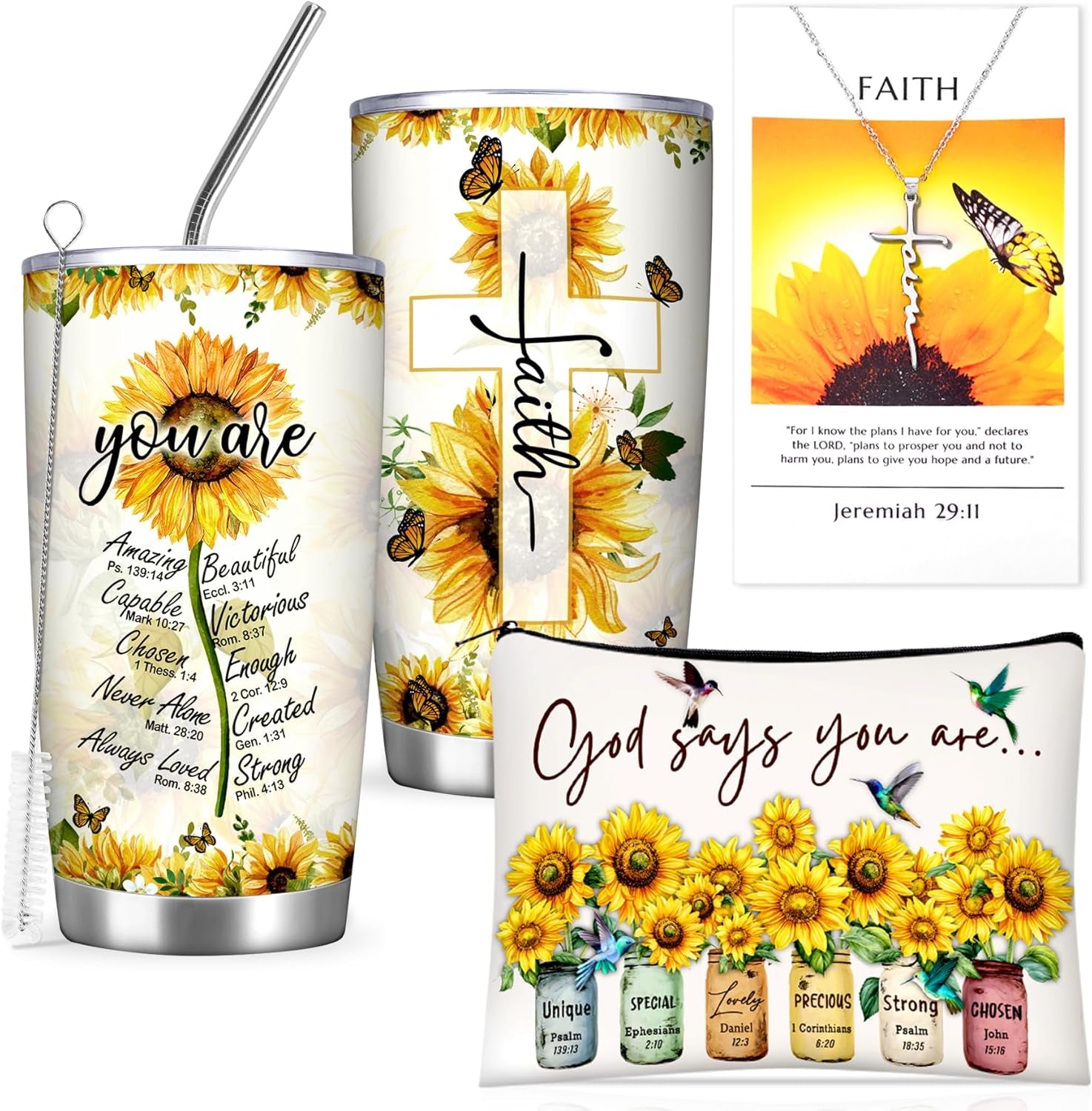 Sunflower Faith Gift Set for Women, Christian Tumbler and Necklace - Gift Box