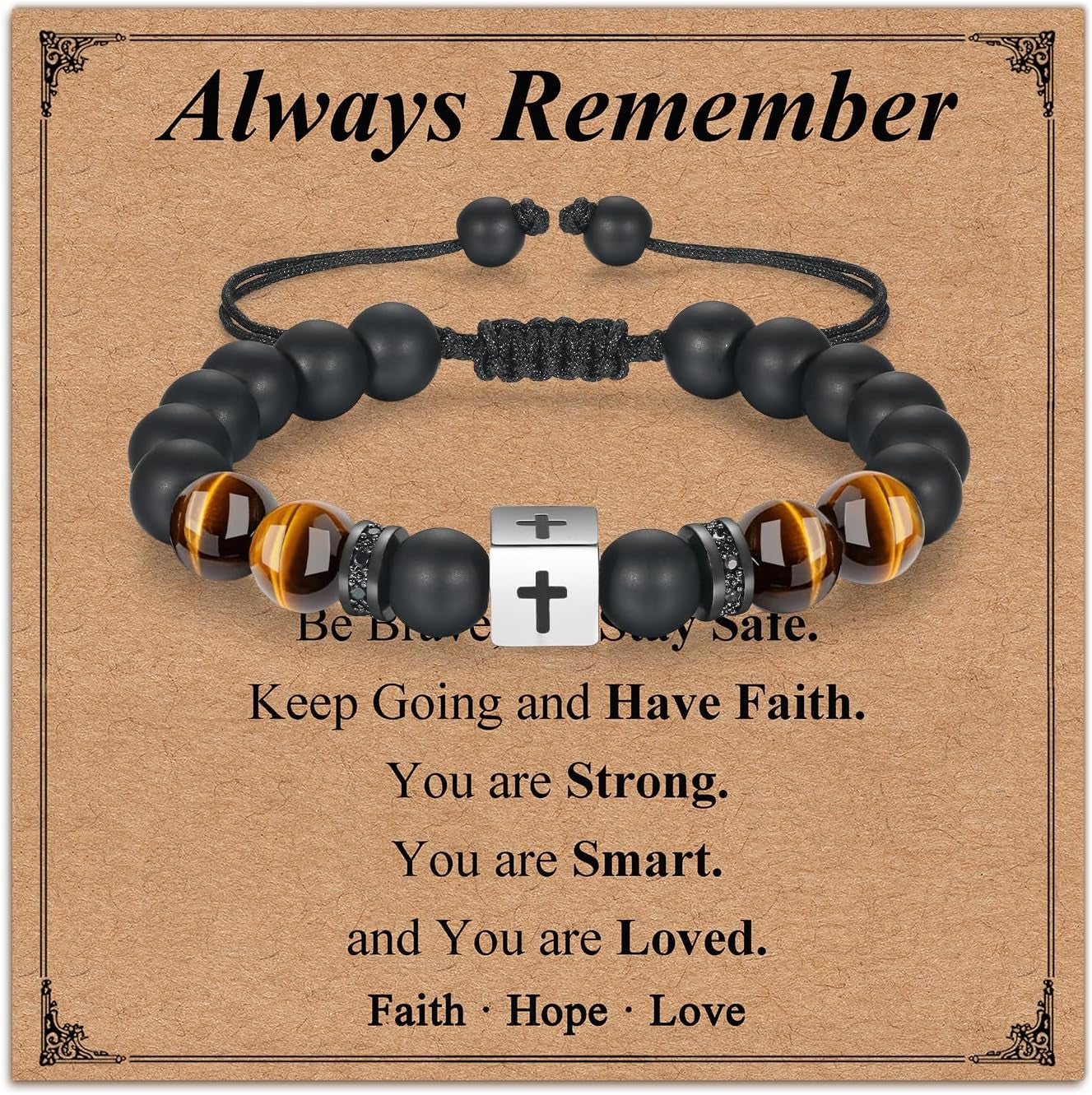 Adjustable Cross Bracelet for Boys, Tiger Eye Beaded Faith Bracelet, Christian Gift