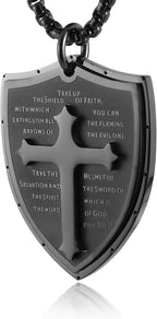 Armor of God Cross Necklace for Men, Stainless Steel Ephesians 6:16-17 Pendant, Christian Gift