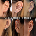 925 Sterling Silver Cross Huggie Earrings, Tiny CZ Cross Hoops for Women, Christian Gift