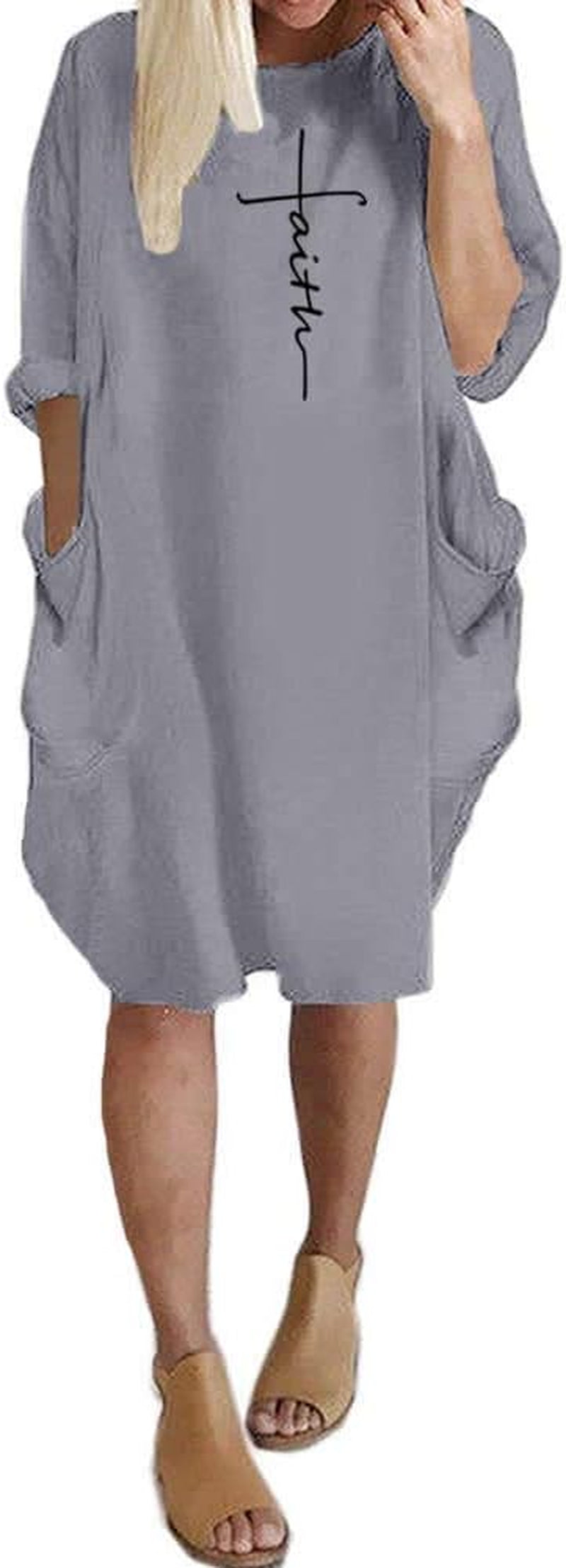 Women'S Faith Oversize Baggy Long Sleeve T Shirt Causal Loose Midi Dresses with Pockets
