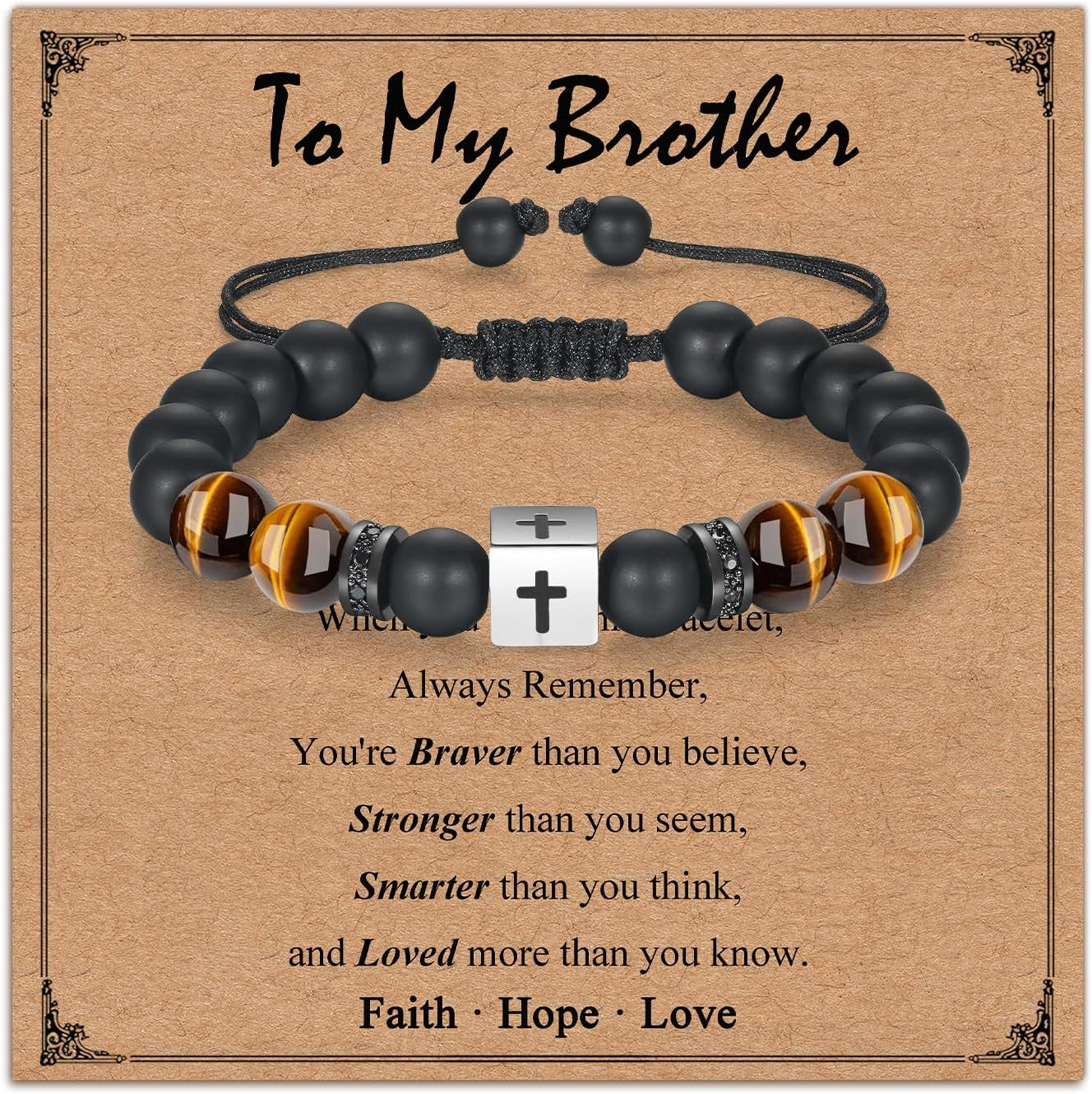 Adjustable Cross Bracelet for Boys, Tiger Eye Beaded Faith Bracelet, Christian Gift