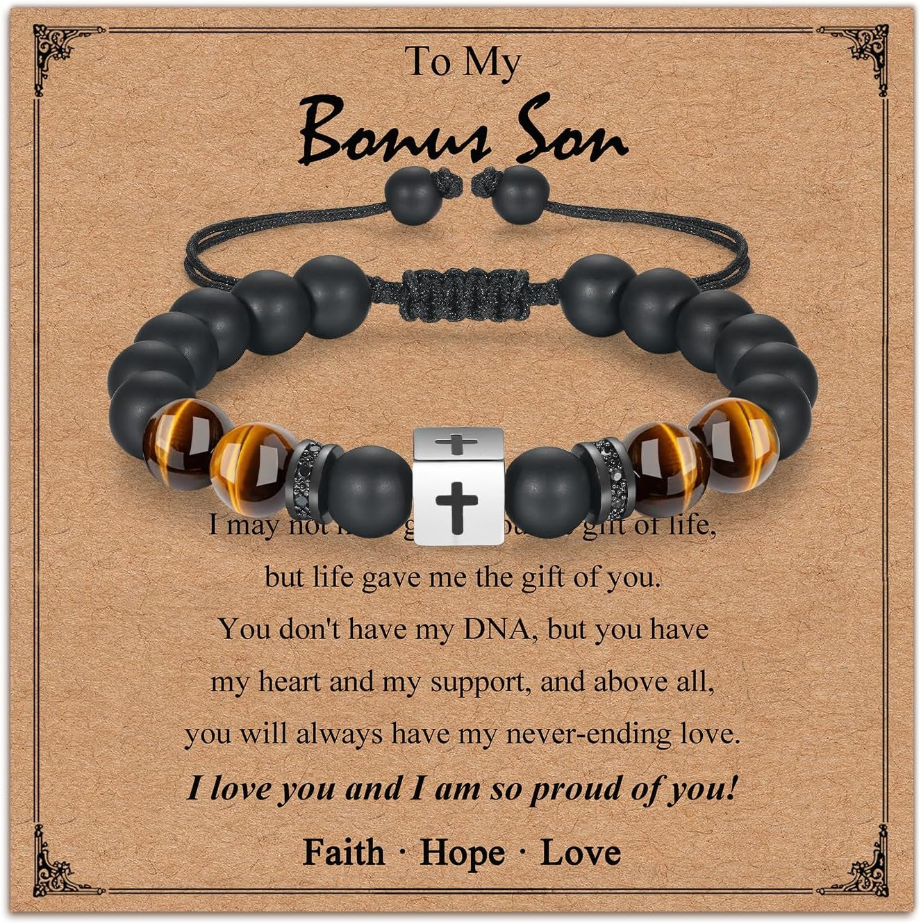 Adjustable Cross Bracelet for Boys, Tiger Eye Beaded Faith Bracelet, Christian Gift