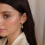 Gold Crown Cross Earrings for Women, CZ Cross Huggie Hoops, Christian Faith Gift