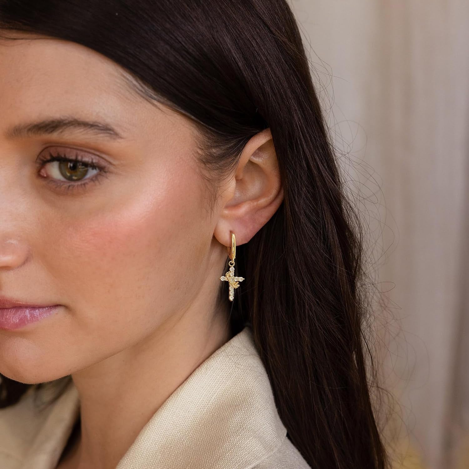 Gold Crown Cross Earrings for Women, CZ Cross Huggie Hoops, Christian Faith Gift