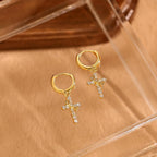 Gold Crown Cross Earrings for Women, CZ Cross Huggie Hoops, Christian Faith Gift