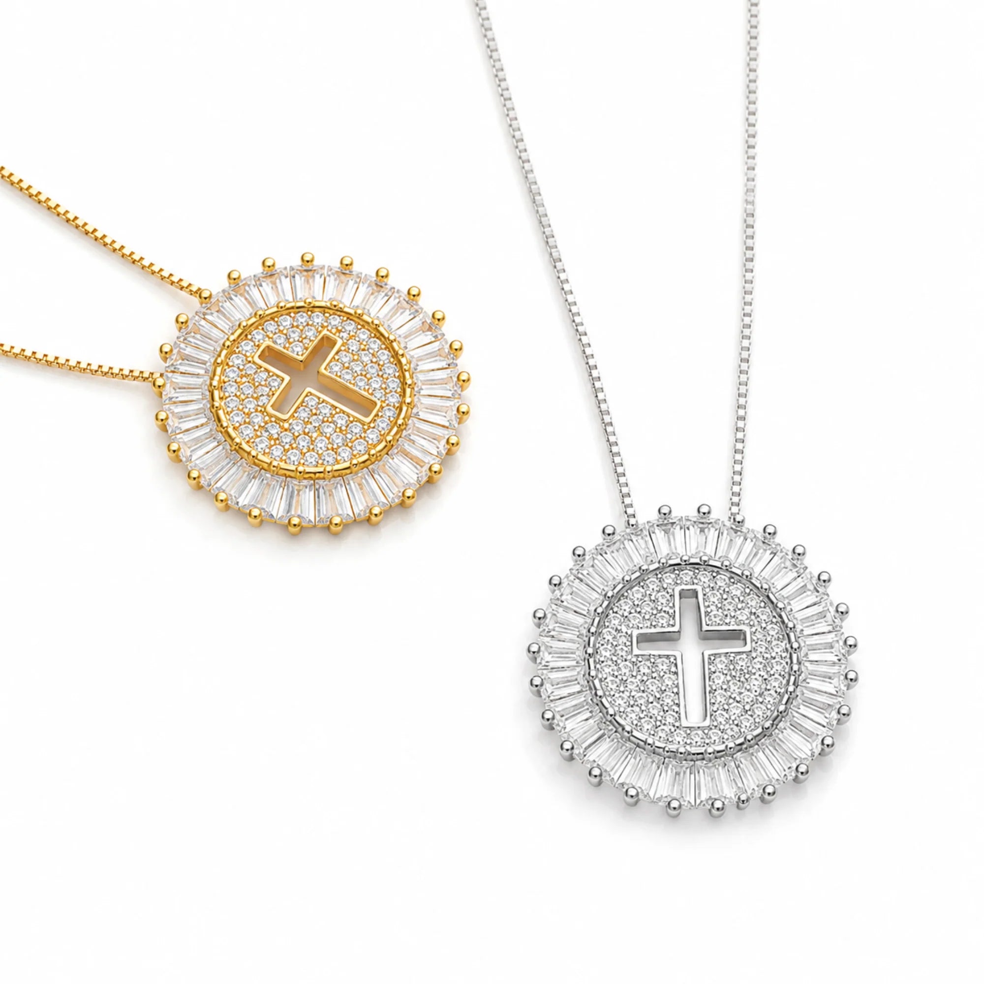 Shine Circle Cross Necklace - Cubic Zirconia Faith Pendant in Gold or Silver