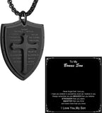 Armor of God Cross Necklace for Men, Stainless Steel Ephesians 6:16-17 Pendant, Christian Gift