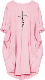 Women'S Faith Oversize Baggy Long Sleeve T Shirt Causal Loose Midi Dresses with Pockets