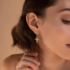 Gold Crown Cross Earrings for Women, CZ Cross Huggie Hoops, Christian Faith Gift