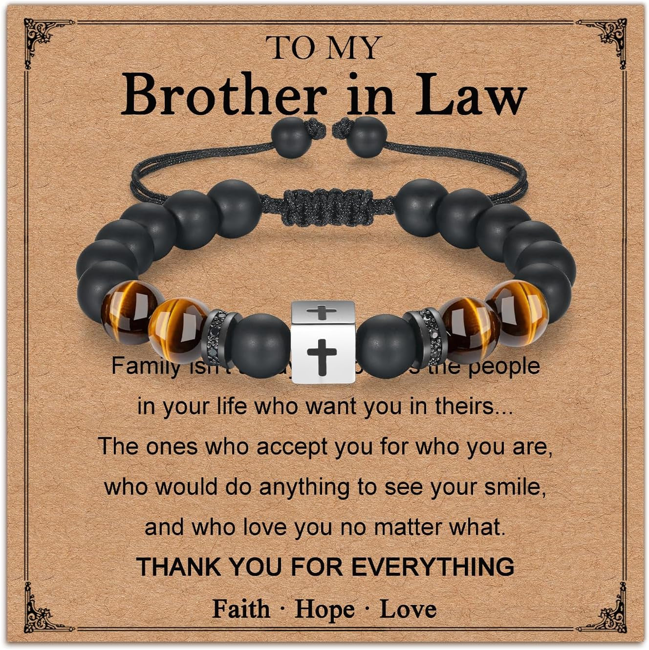 Adjustable Cross Bracelet for Boys, Tiger Eye Beaded Faith Bracelet, Christian Gift