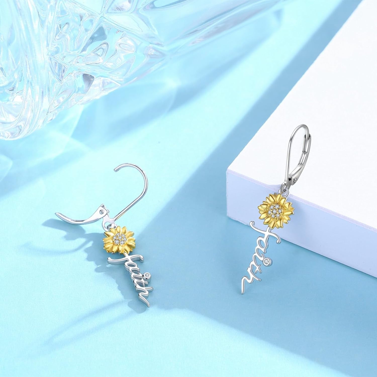 Sunflower Faith Earrings, 925 Sterling Silver Cross Hoop Huggies, Christian Gift for Women