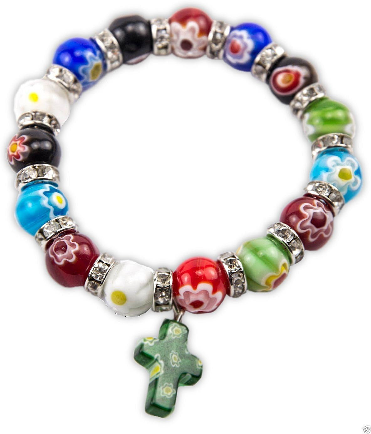Millefiori Glass Cross Bracelet, Rainbow Beaded Rosary Bracelet, Christian Faith Gift