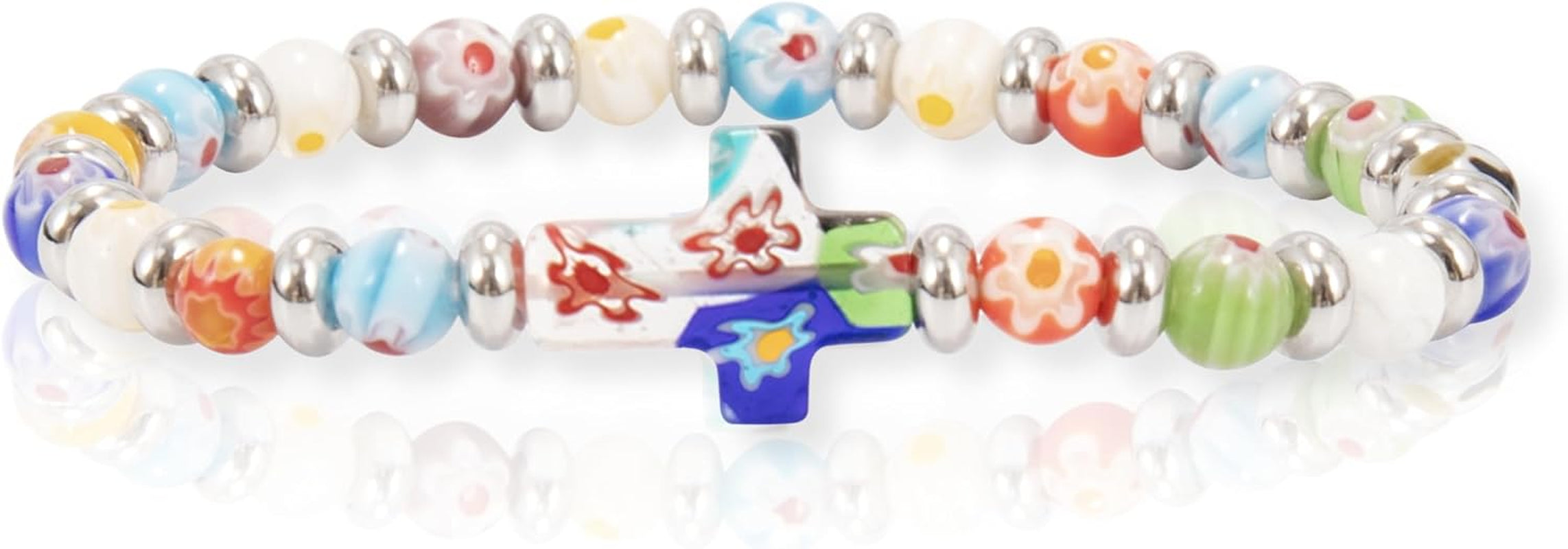 Millefiori Glass Cross Bracelet, Rainbow Beaded Rosary Bracelet, Christian Faith Gift