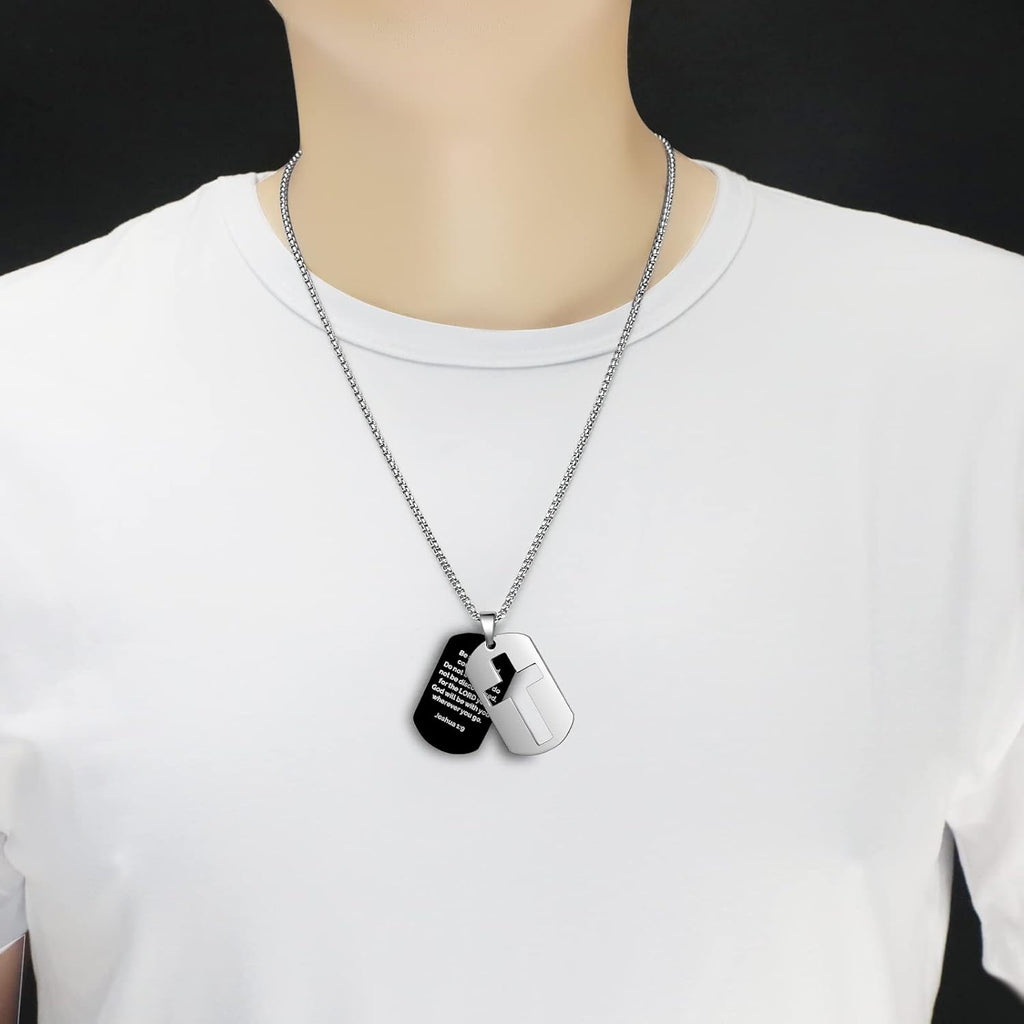 Cross Dog Tag Necklace for Men – Stainless Steel Bible Verse Pendant, Christian Faith Gift for Him & Boys