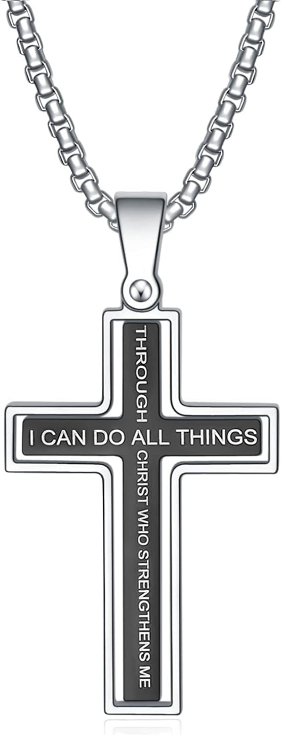Cross Necklace for Men – Stainless Steel Philippians 4:13 Pendant, Christian Faith Gift for Him