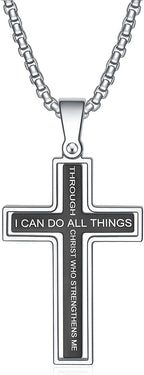Cross Necklace for Men – Stainless Steel Philippians 4:13 Pendant, Christian Faith Gift for Him