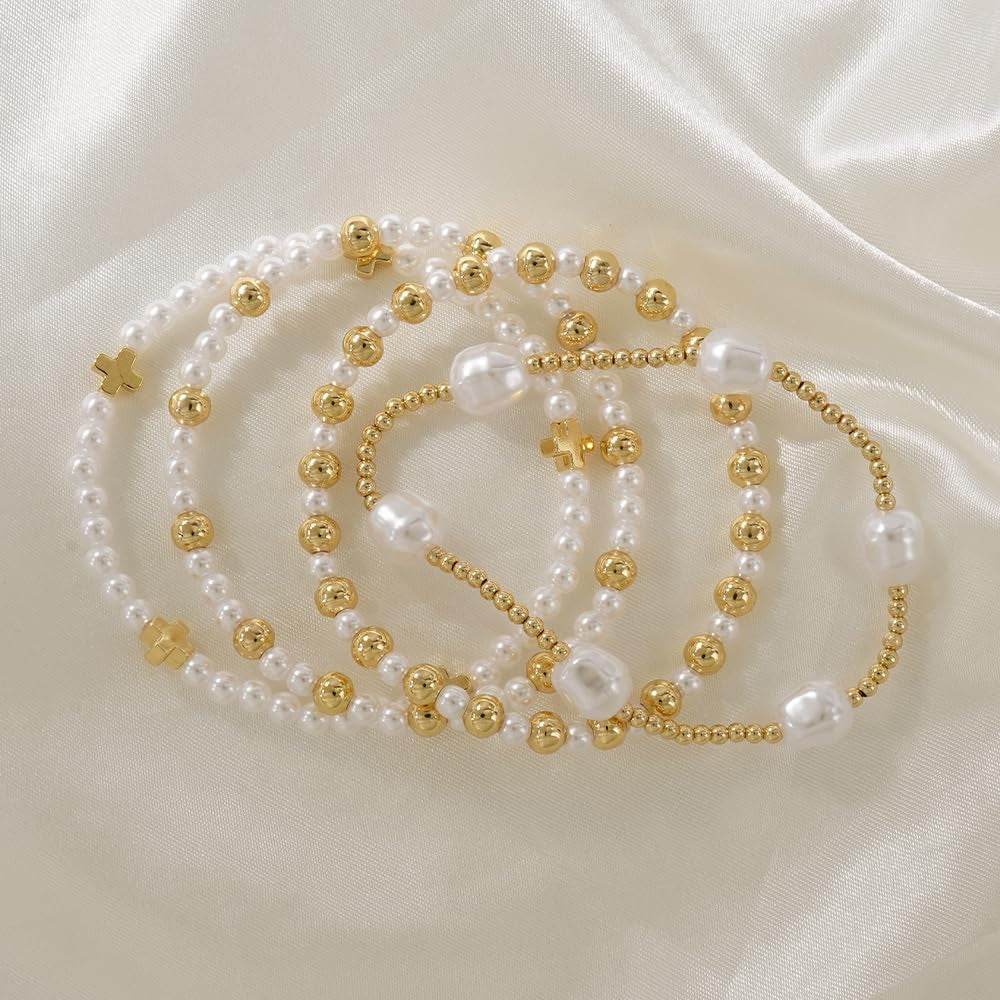 Gold Cross Pearl Bracelet Stack for Women, Stackable Faith Bracelet Set