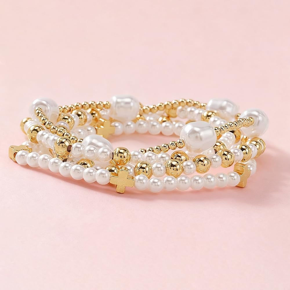 Gold Cross Pearl Bracelet Stack for Women, Stackable Faith Bracelet Set
