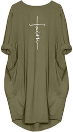 Women'S Faith Oversize Baggy Long Sleeve T Shirt Causal Loose Midi Dresses with Pockets