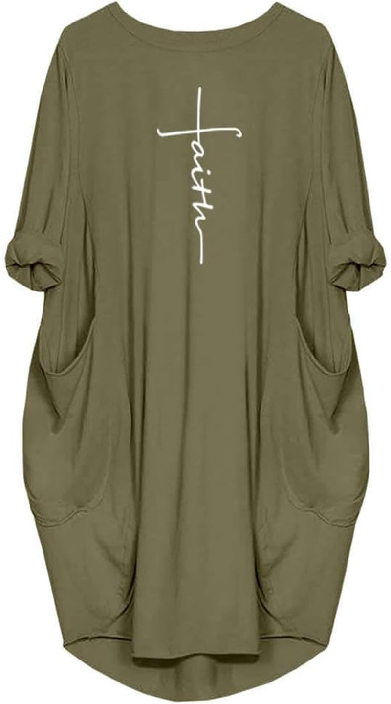Women'S Faith Oversize Baggy Long Sleeve T Shirt Causal Loose Midi Dresses with Pockets