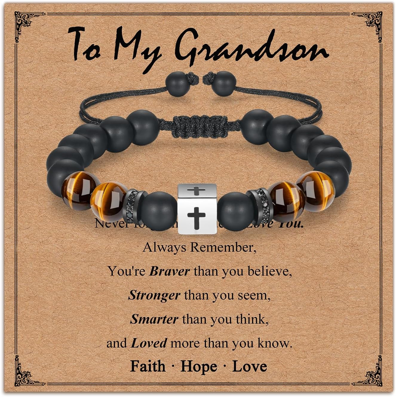 Adjustable Cross Bracelet for Boys, Tiger Eye Beaded Faith Bracelet, Christian Gift