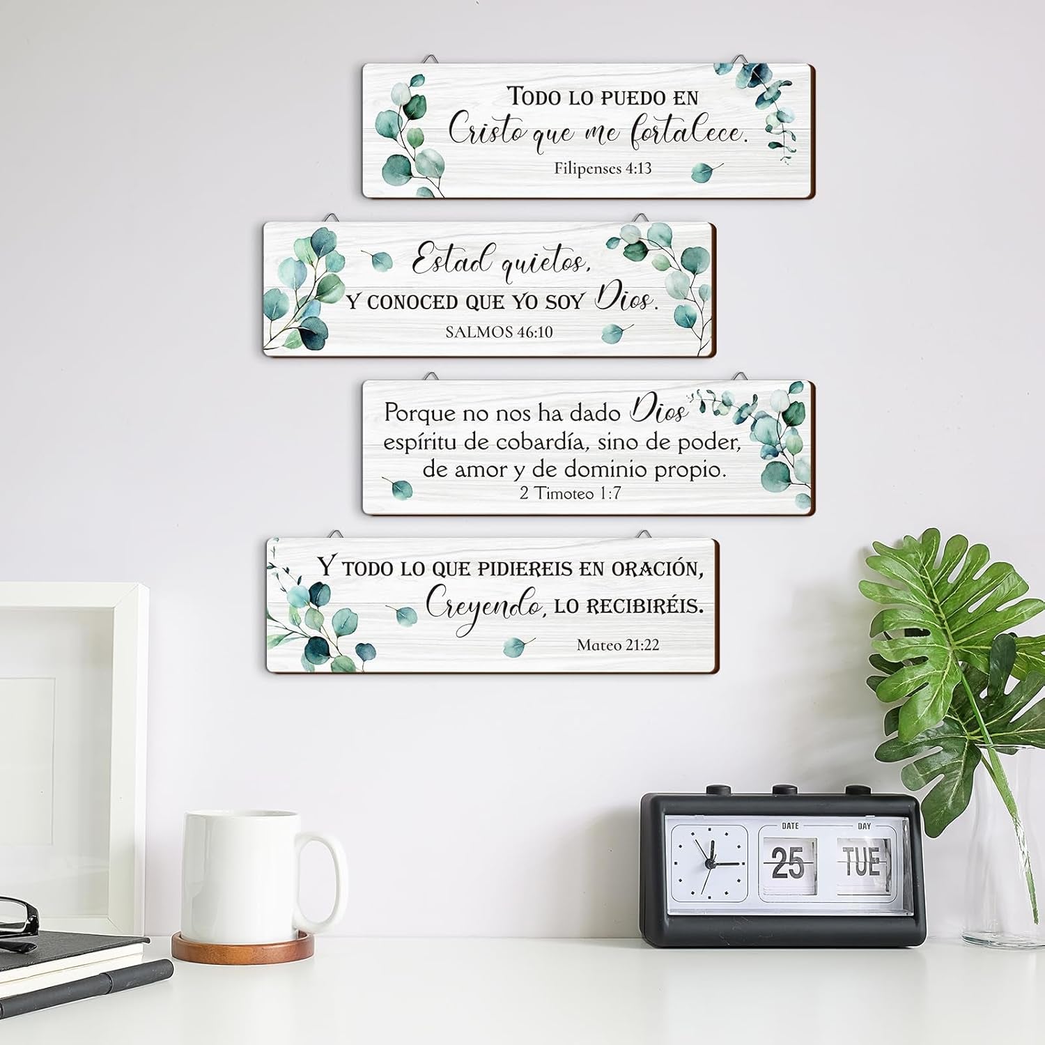 4 Pieces Spanish Bible Verse Wall Decor Set, Christian Wood Plaque Signs(Fresh Style)