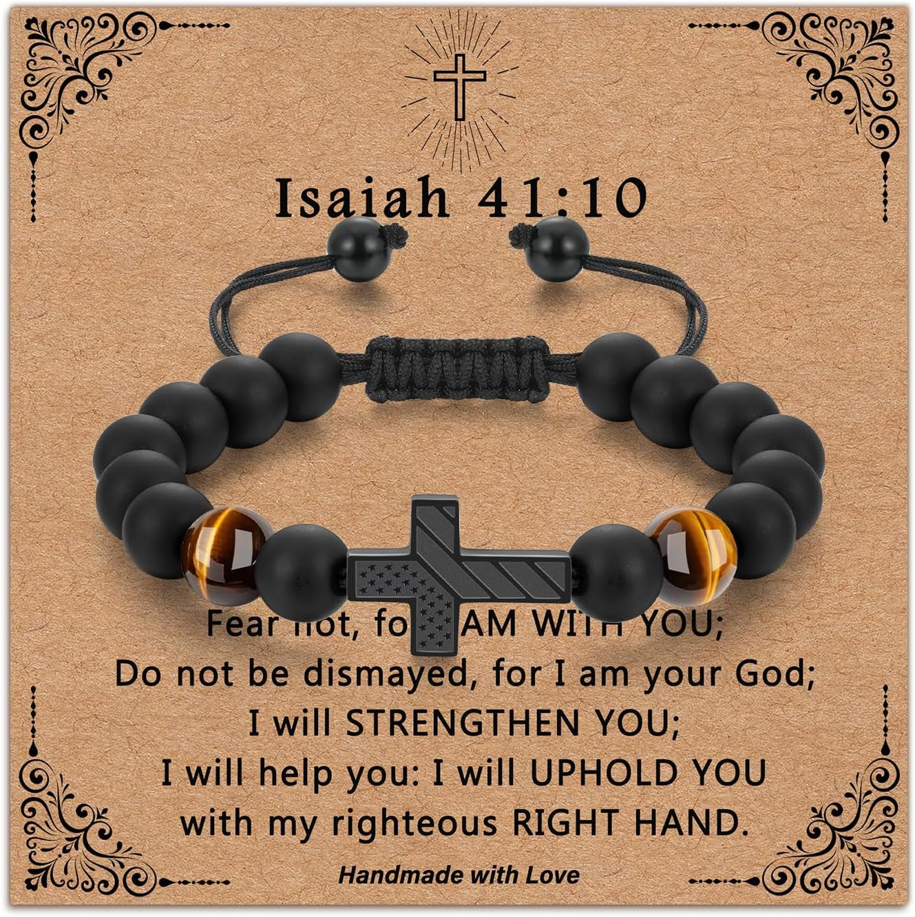 Adjustable Cross Bracelet for Boys, Tiger Eye Beaded Faith Bracelet, Christian Gift