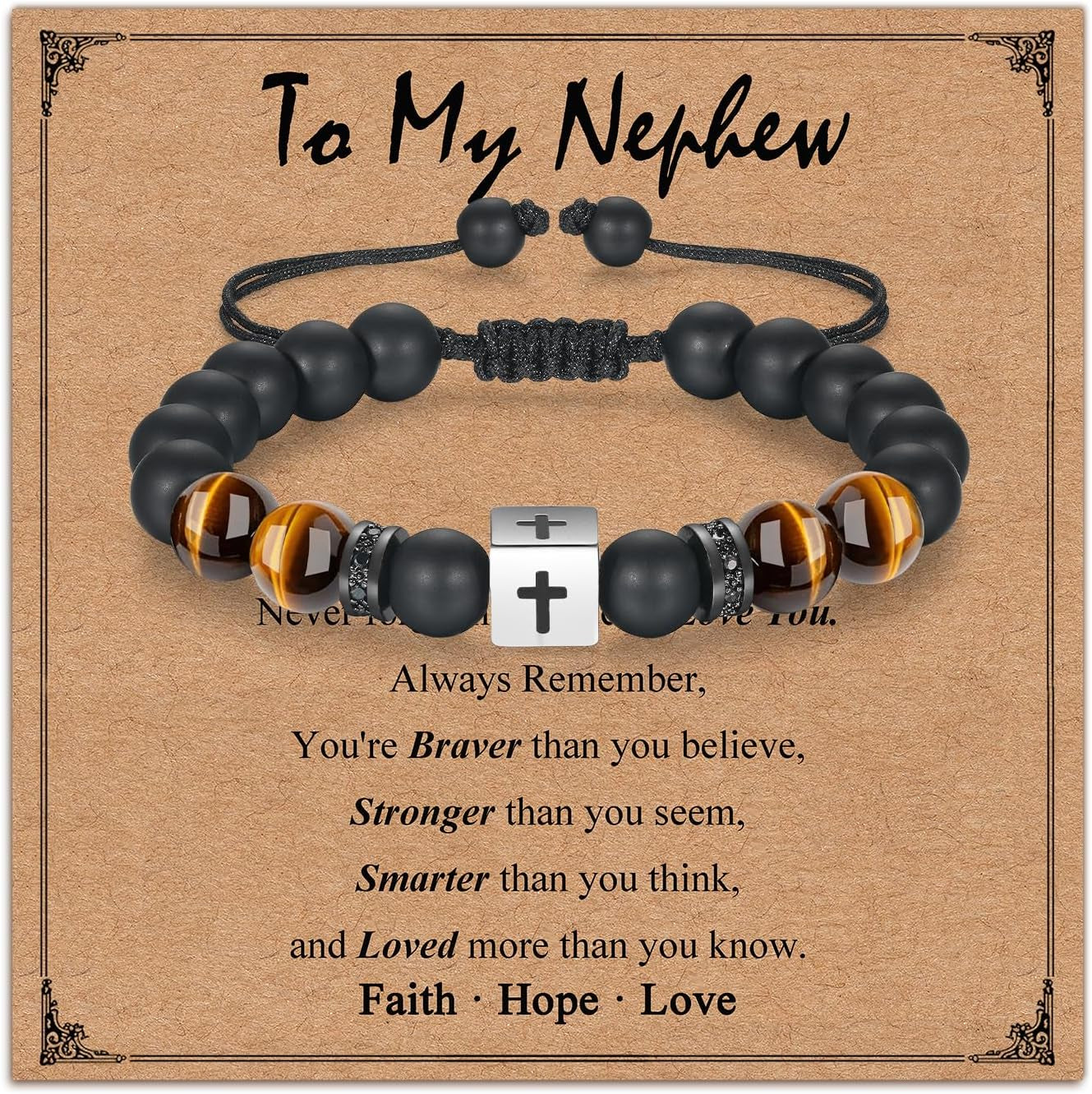 Adjustable Cross Bracelet for Boys, Tiger Eye Beaded Faith Bracelet, Christian Gift