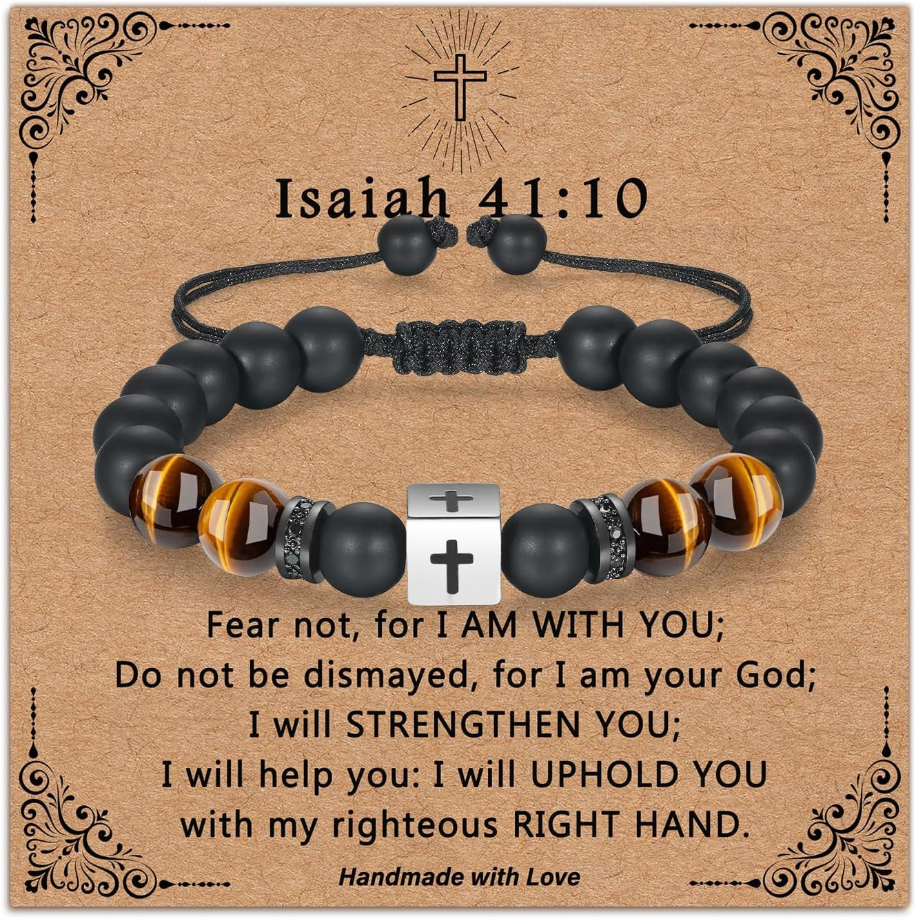 Adjustable Cross Bracelet for Boys, Tiger Eye Beaded Faith Bracelet, Christian Gift