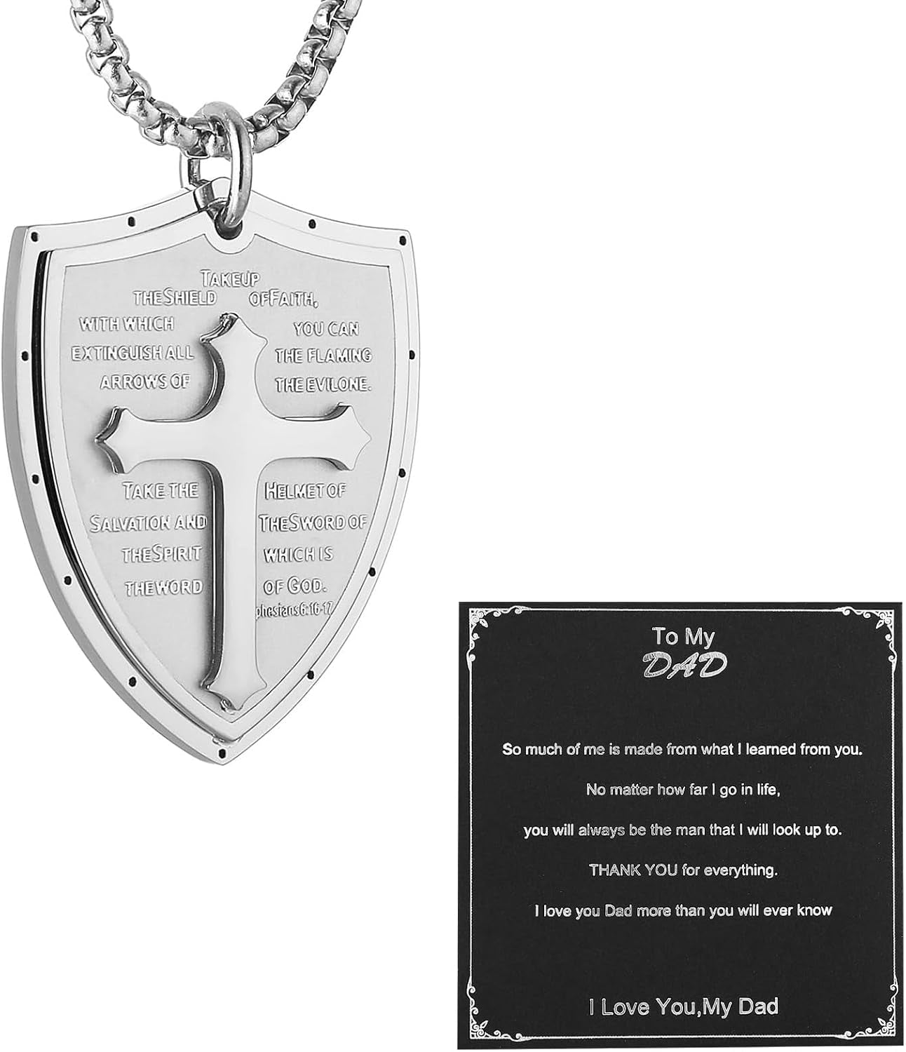 Armor of God Cross Necklace for Men, Stainless Steel Ephesians 6:16-17 Pendant, Christian Gift
