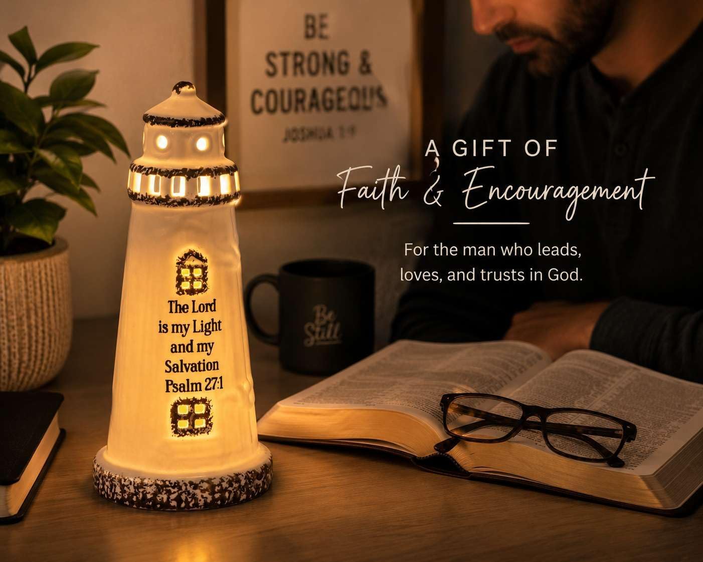 Christian Lighthouse Lamp for Men - Psalm 27:1 Scripture LED Décor