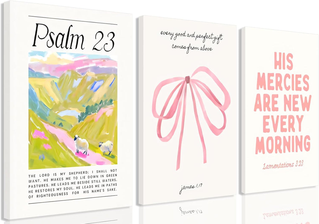 Pink Christian Wall Art Set of 3 – Framed Bible Verse Canvas Prints, Preppy Faith Decor for Girls' Bedroom & Dorm