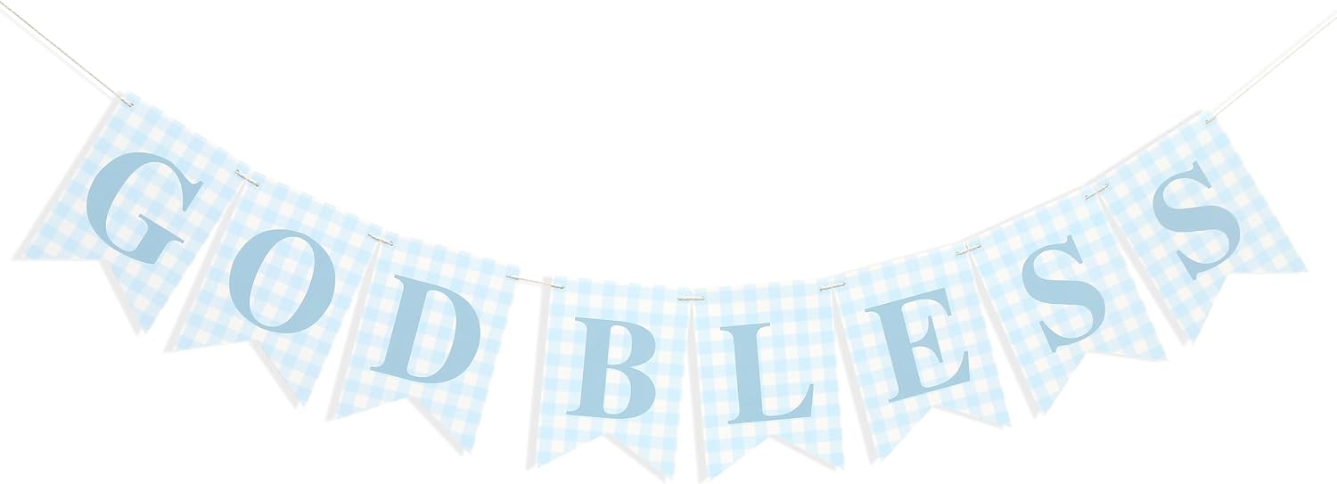 Blue Gingham God Bless Banner, Baptism Banner, First Communion Decor, Christening Party Decoration, Religious Celebration Banner