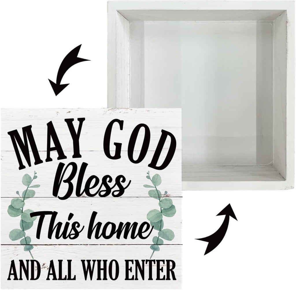 May God Bless This Home" Wooden Box Sign – Rustic Farmhouse Christian Tabletop & Shelf Decor, Housewarming Gift